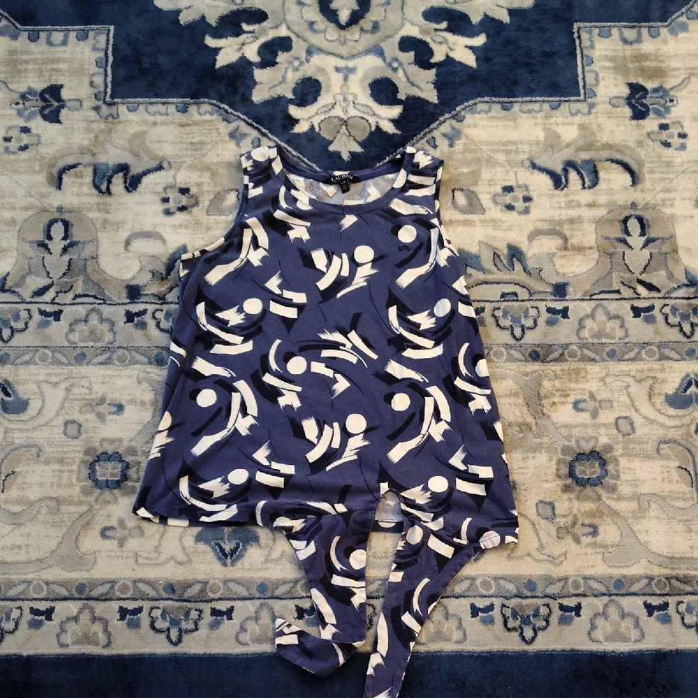 Ralph Lauren Navy and White Abstract Tie-Front Tank